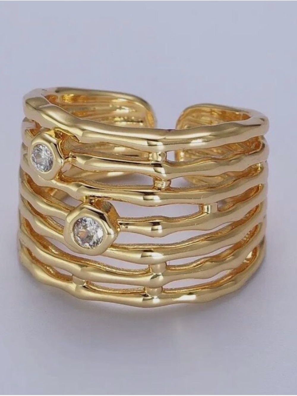 14K Gold Plated Wide Multiple Bamboo Geometric CZ Band Statement Ring Adjustable